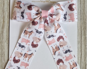 Farm Animal Ribbon Hair Bow, Horses, Pigs, Cows, Ducks, Chickens Clip