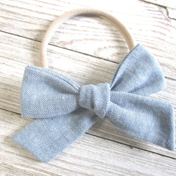 Blue Linen Baby Bow, Newborn Headband, Blue Chambray Linen Bow