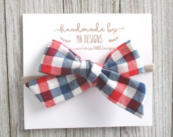 Fourth of July Baby Bow, Red White and Blue Bow, Plaid Baby Bow, Newborn Headband