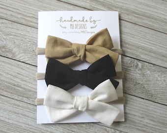 Baby headband bows, neutral baby bow set, black baby bow, tan baby bow, cream bow, newborn headbands