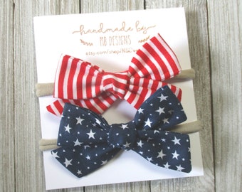 4th Of July Baby Bows, Red white and blue bows, Patriotic baby bows, Stars and stripes bows, fourth of July headbands, Pigtail Set