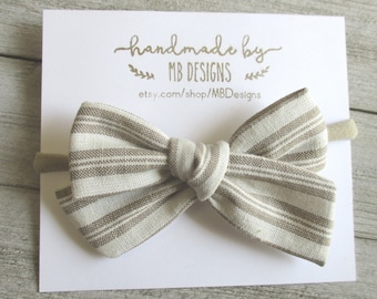 Striped Baby bow, cream Baby bow, Taupe stripe bow, woven bow, Fall bows, baby headbands, Baby bows