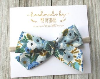 Blue Floral Baby Bow, Floral Baby Headband, Blue Baby Bow, Rifle Paper Bow, Newborn Headband,