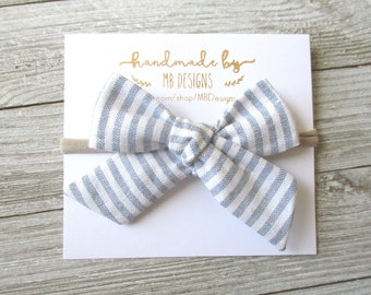 Blue Linen Striped Bow, Chambray Baby Bow, Linen Hair Bow, Beach Baby Bow, Newborn Headbands, baby Girl bows