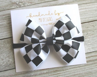 Racing Checker Hairbow, Black and white Checkered Bow, Race day Bow, Racing Fan Bow, Girls Checker Bow