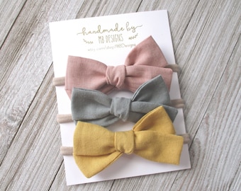Bows for baby, Headband bow, Neutral baby bow set, Rose bow, mustard bow, Gray bow, newborn bows, linen bows, fabric bows, baby girl bow set