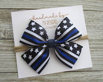Thin Blue Line Baby Bow, Police Support Headband or Clip