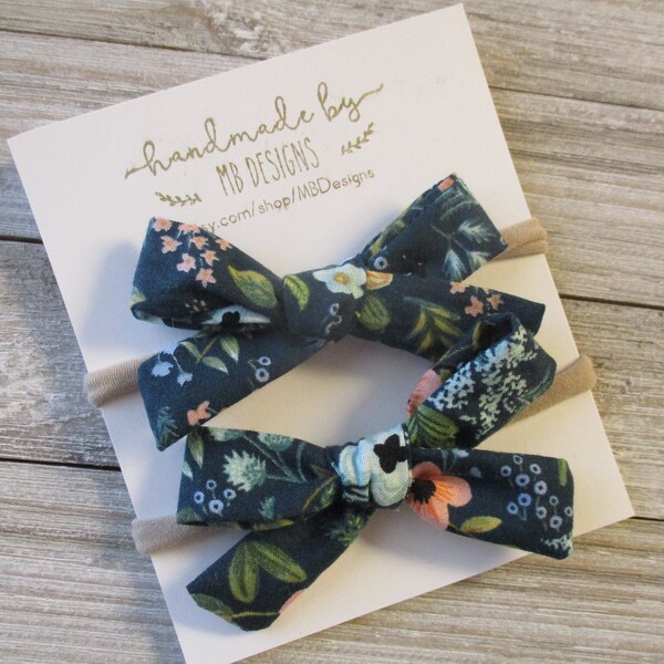 Rifle Paper Co. Bow, Baby headband, Baby Bow, Floral Bow, Cream Bow, Nylon headband, Handtied bow, Pigtail set, Girls hair bow, Hand- tied