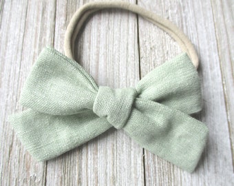 Seafoam green linen baby bow, green linen bow, newborn bows, linen baby headbands