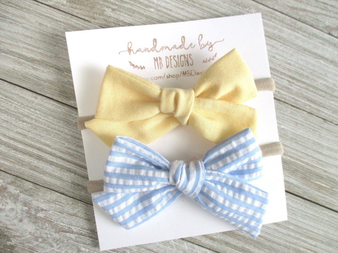 Blue Seersucker Bow, Yellow Baby Bow, Baby Bow Set, Blue Striped Baby