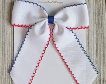 Red White and Blue Moonstitch Tails Bow, Fourth of July Bow