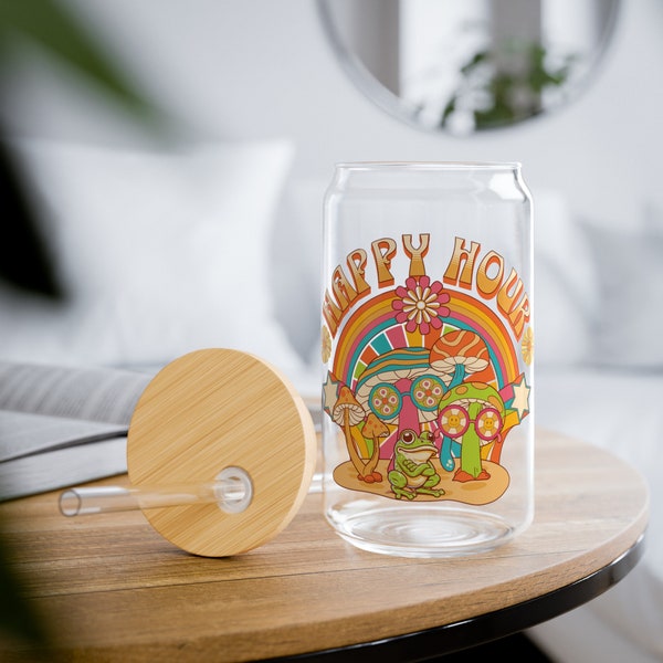 Happy Hour Sipper Glass, Frog Cup, Boho, Retro, Vintage, Hippie, Mushrooms, Beer Can, Iced Coffee, Libbey Glass, Custom Glassware, Drinkware