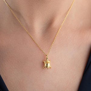 May include: A gold-colored necklace featuring a small, detailed turtle pendant suspended from a delicate, thin chain. The turtle charm has a polished finish and is centered on the chain, which rests against the neck with a simple, refined appearance.
