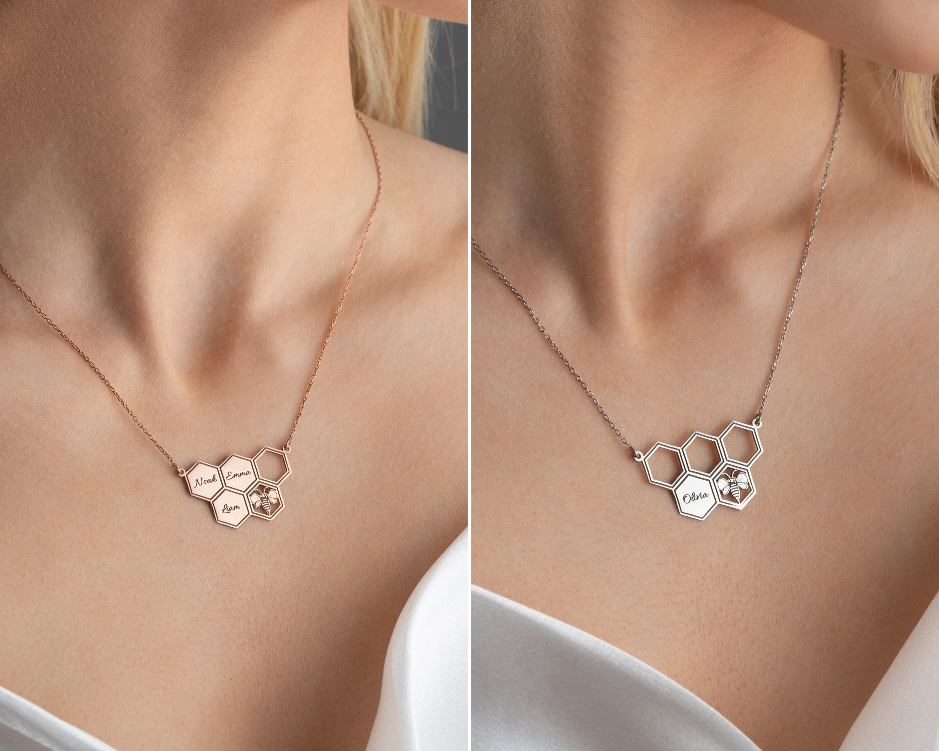 Personalized Honeycomb Necklace With Kids Name, Family Name Necklace, Unique Honeybee Family Neckclace, Gift For Mom, Grandma