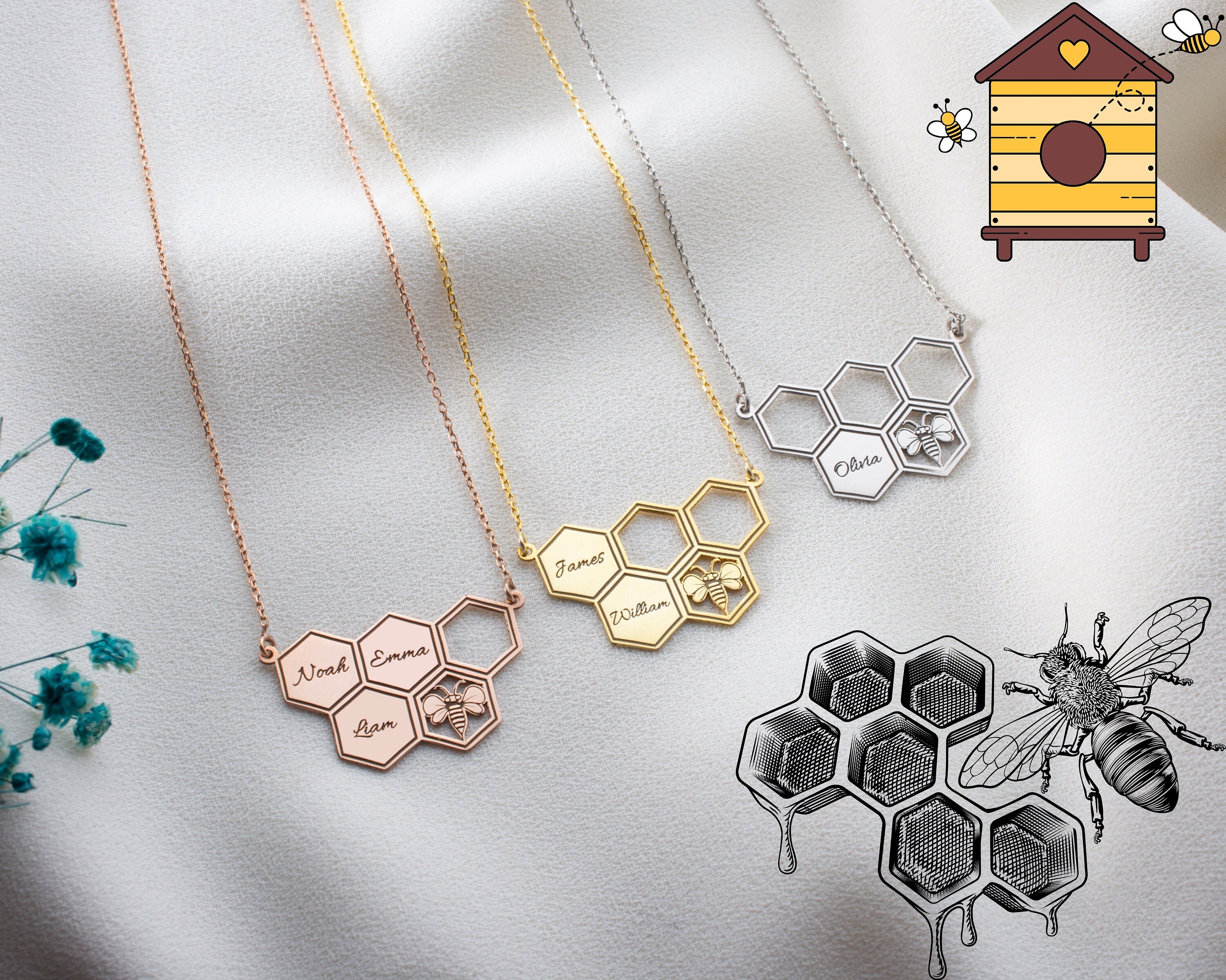 Personalized Honeycomb Necklace With Kids Name, Family Name Necklace, Unique Honeybee Family Neckclace, Gift For Mom, Grandma