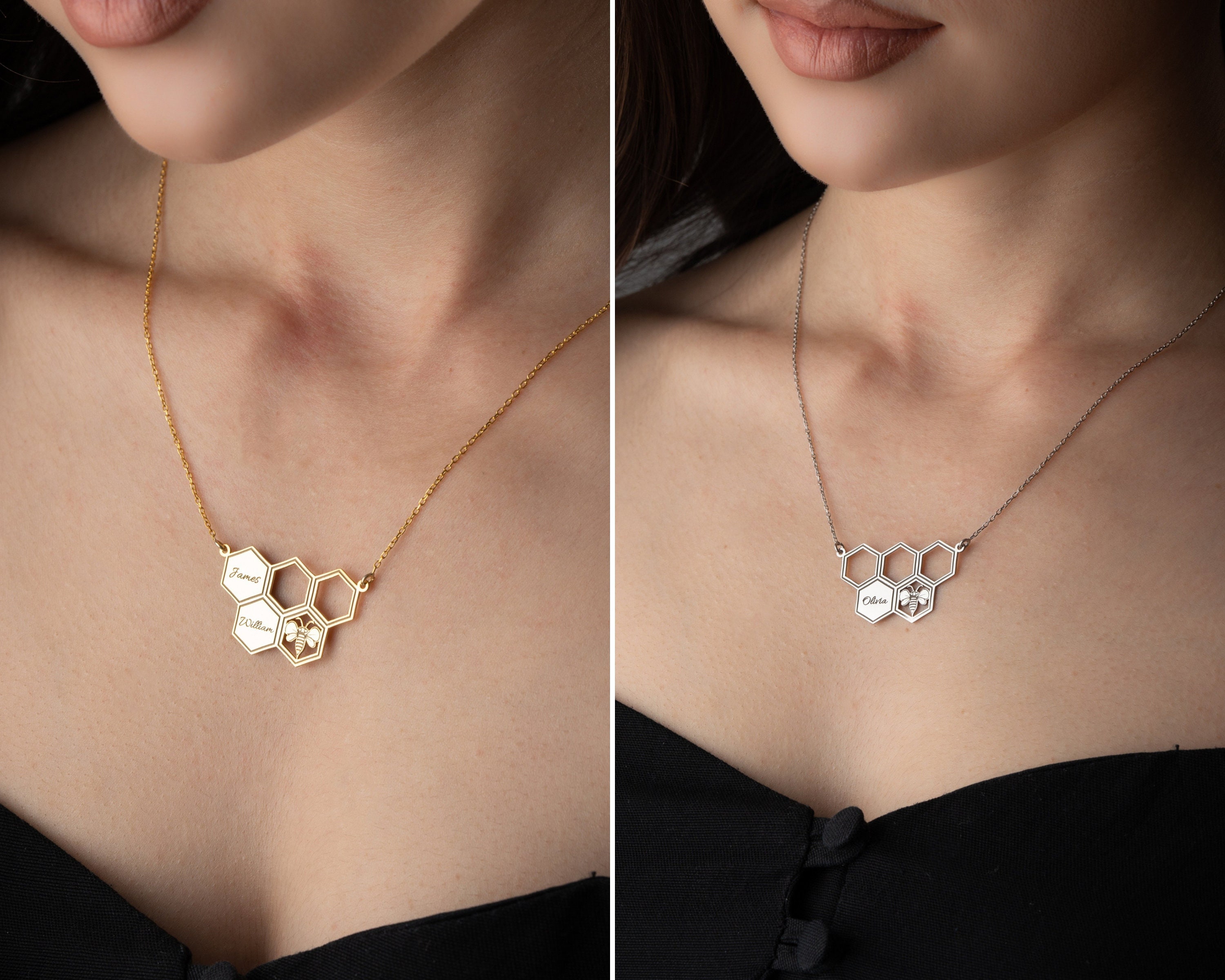 Personalized Honeycomb Necklace With Kids Name, Family Name Necklace, Unique Honeybee Family Neckclace, Gift For Mom, Grandma