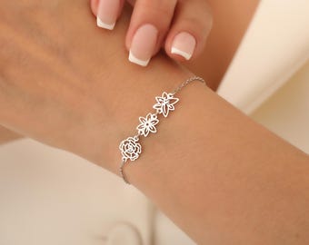 Tiny Birth Flower Bouquet Bracelet, Grandma Bracelet With Kids Birthflower, Minimalist Multi Birth Flower Bracelet, Floral Bouquet Bracelet