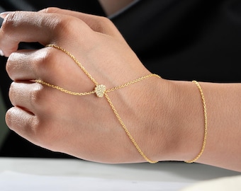 Heart Hand Chain Bracelet Gold Slave Jewelry CZ Diamond Bridal Gift Elegant Minimal Statement