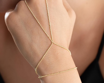 Gold Bead Hand Chain Bracelet Minimal Slave Jewelry Adjustable Dainty Wrist Ring Gift Women