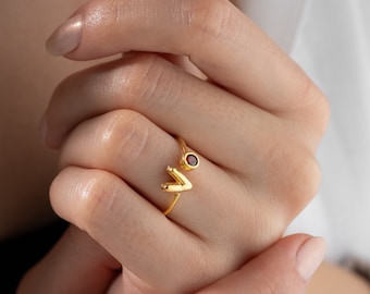 Custom 3D Letters Birthstone Adjustable Ring, Minimalist Birthstone Ring, Tiny Bubble Letter Ring, Balloon Letter Birthstone Ring, Her Gift
