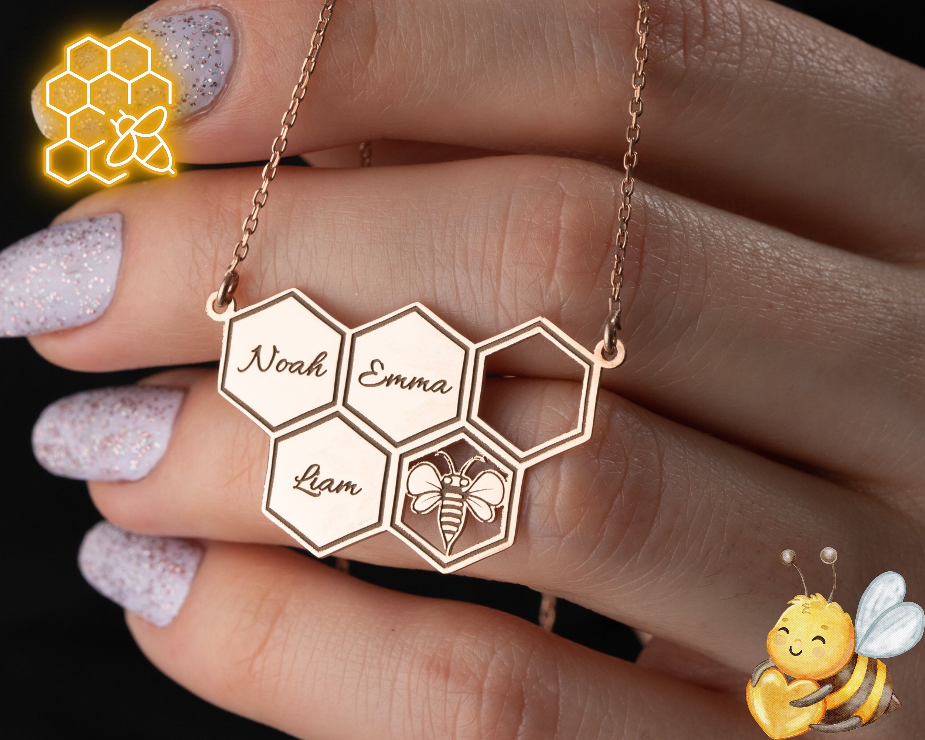 Personalized Honeycomb Necklace With Kids Name, Family Name Necklace, Unique Honeybee Family Neckclace, Gift For Mom, Grandma