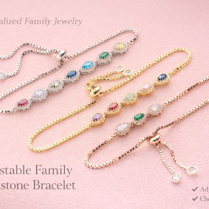Personalized Family Birthstone Adjustable Bracelet, Custom Multi Kids Charm, Gift For Mom - Grandma