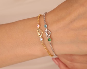 Couples Birthstones Love Knot Bracelet, Her and His Birthstones Friendship Bracelet, Toi et Moi Birthstone Bracelet, Romatic Gift For Her
