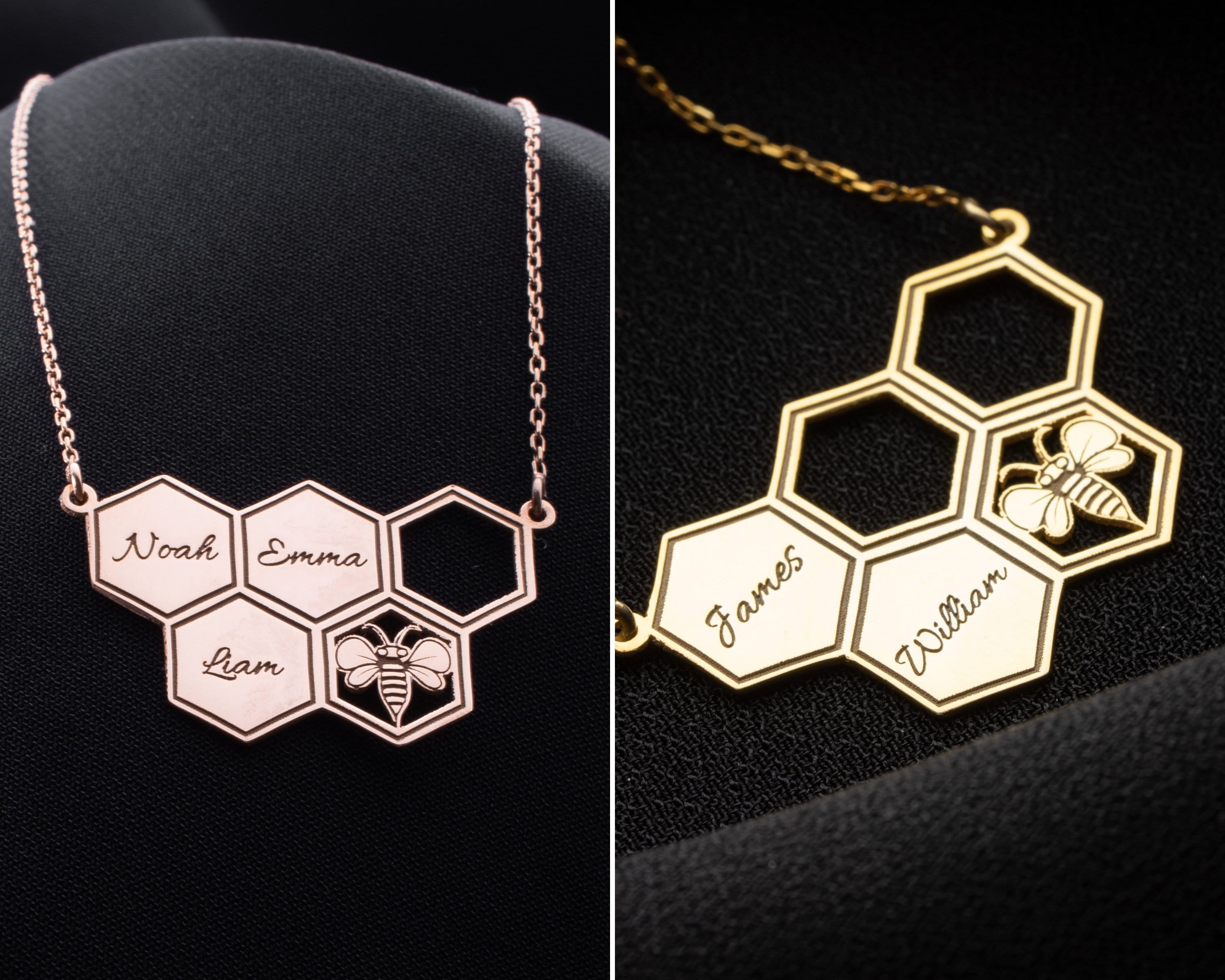 Personalized Honeycomb Necklace With Kids Name, Family Name Necklace, Unique Honeybee Family Neckclace, Gift For Mom, Grandma