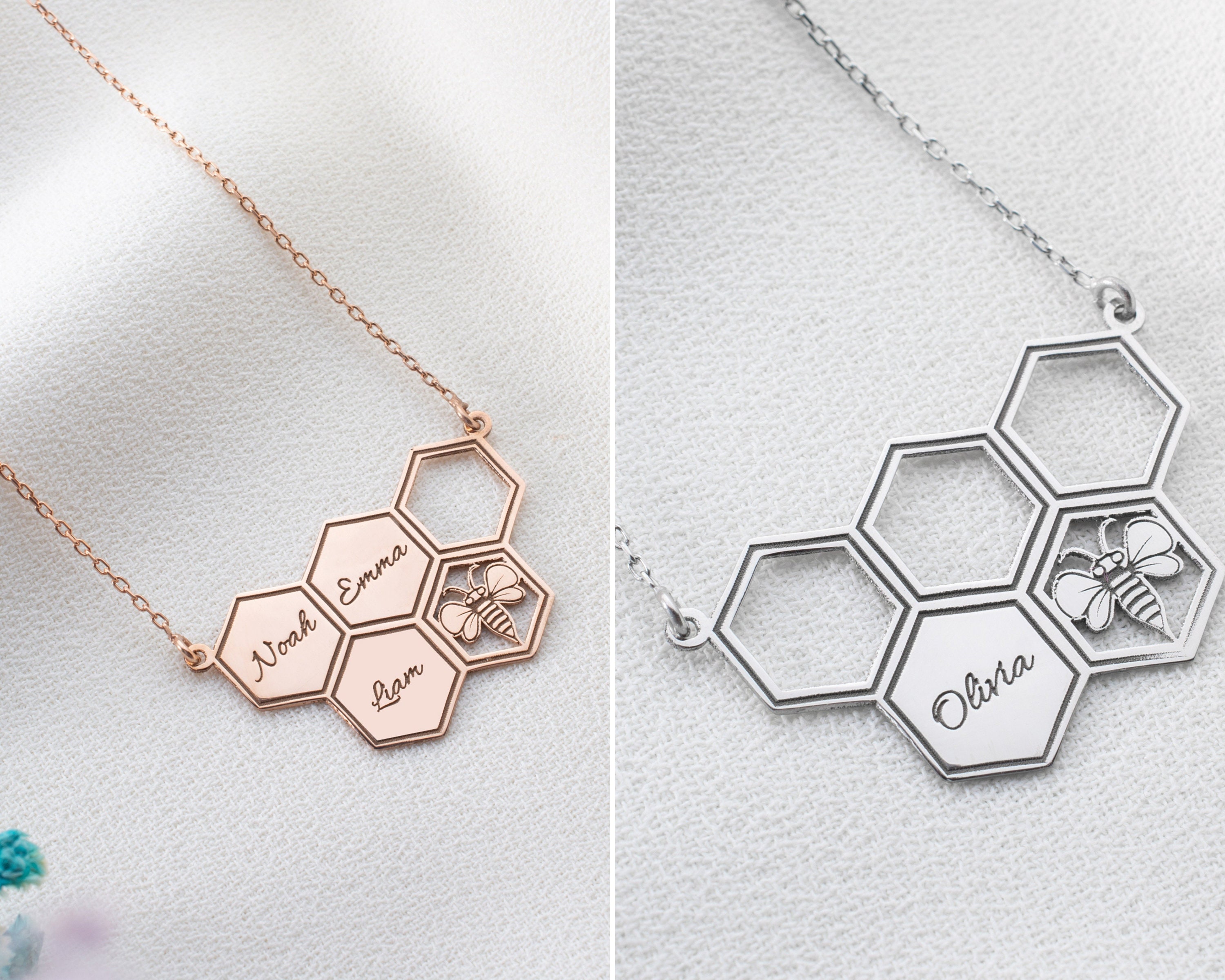Personalized Honeycomb Necklace With Kids Name, Family Name Necklace, Unique Honeybee Family Neckclace, Gift For Mom, Grandma