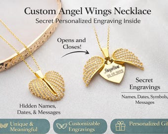 Guardian Angel Wings Necklace With Hidden Name, Personalized Secret Message Winged Locket, Guardian Charm