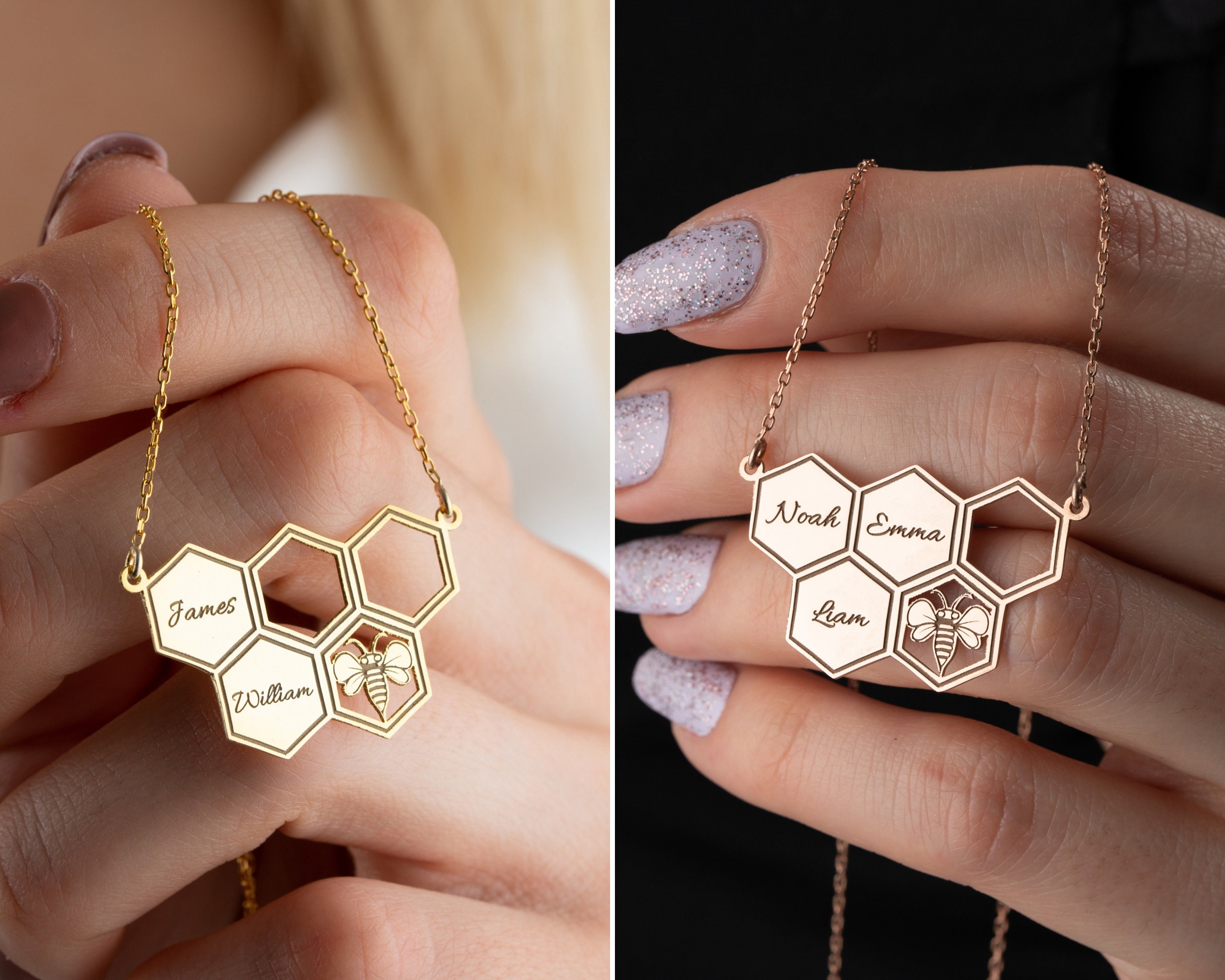 Personalized Honeycomb Necklace With Kids Name, Family Name Necklace, Unique Honeybee Family Neckclace, Gift For Mom, Grandma