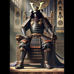 Könnte beinhalten: Ein Samurai-Krieger in voller Rüstung sitzt auf einem Thron mit einem Schwert an seiner Seite. Der Thron ist aufwendig mit Gold und komplizierten Schnitzereien verziert. Der Helm des Kriegers hat einen goldenen Kamm und seine Rüstung ist schwarz und silber.