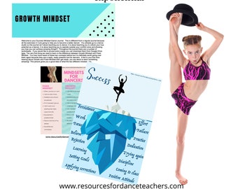 May include: A blue and white graphic with the text "Growth Mindset for Dancers" and "Success" with a blue iceberg and a dancer on top. The graphic lists the benefits of having a growth mindset, such as persistence, work, focus, belief, reflection, learning, setting goals, applying corrections, effort, failure, practice, dedication, trying again, discipline, coming to class, and positive attitude. The graphic also includes a picture of a young dancer in a pink and black leotard and shorts, holding a black top hat above her head, with her leg extended high in the air.