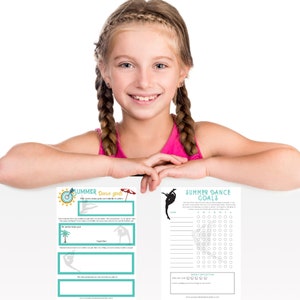 May include: A printable summer dance goals chart with a dancer silhouette and a checklist for tracking progress. The chart includes a section for setting a summer dance goal and a target date. The chart also includes a section for weekly reflection and a rating system.