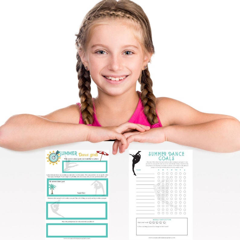 May include: A printable summer dance goals chart with a dancer silhouette and a checklist for tracking progress. The chart includes a section for setting a summer dance goal and a target date. The chart also includes a section for weekly reflection and a rating system.