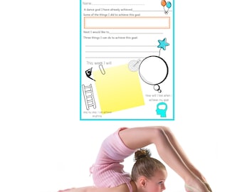 May include: A printable worksheet with a yellow background and blue and white accents. The worksheet is titled "Setting Dance Goals" and includes prompts for setting dance goals, such as "A dance goal I have already achieved" and "How will I feel when I achieve my goal". The worksheet also includes a drawing of a dancer performing a backbend.