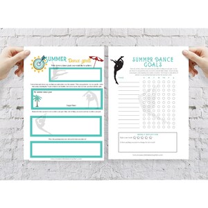 May include: A printable summer dance goals worksheet with a turquoise and white color scheme. The worksheet includes a section for writing down dance goals, a section for setting a target date, and a section for breaking down the steps needed to achieve the goal. The worksheet also includes a section for weekly reflection and rating your work.