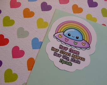Custom Address Labels - Rainbow UFO {Set Of 24} - Letter Writing, Snail Mail, Penpals, Mail, Labels, Penpalling, Letters, Unique