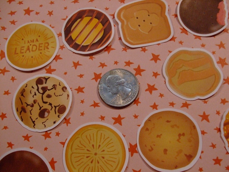 Op de afbeelding: Een verzameling van 10 ronde, kleurrijke papieren stickers met verschillende ontwerpen. De stickers bevatten afbeeldingen van koekjes, een munt en een sticker met tekst die zegt "Ik ben een leider".