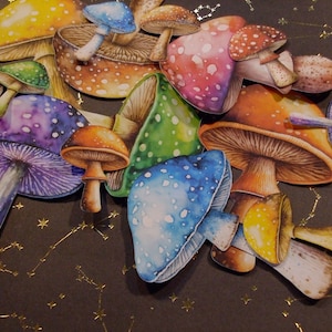 May include: A collection of colorful, hand-painted mushroom illustrations with various patterns and designs. The mushrooms are arranged in a cluster on a brown background with gold stars.