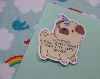 Custom Address Labels - Unicorn Pug {Set Of 25}