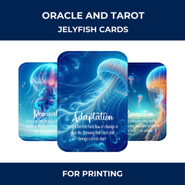12 oracle & tarot size jellyfish cards with messages. Bright and vibrant. 2 back designs. Printable PDF. Enjoy ocean wisdom.