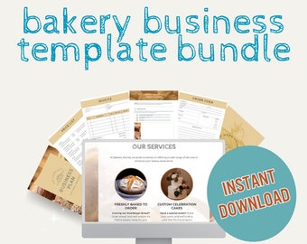 Op de afbeelding: Een digitale bundel met sjablonen voor een bakkerijbedrijf met de tekst "bakery business template bundle" in blauw. De bundel bevat een factuur, bestelformulier, prijslijst en businessplan. Een computerscherm toont "Our Services" met afbeeldingen van brood en een taart.
