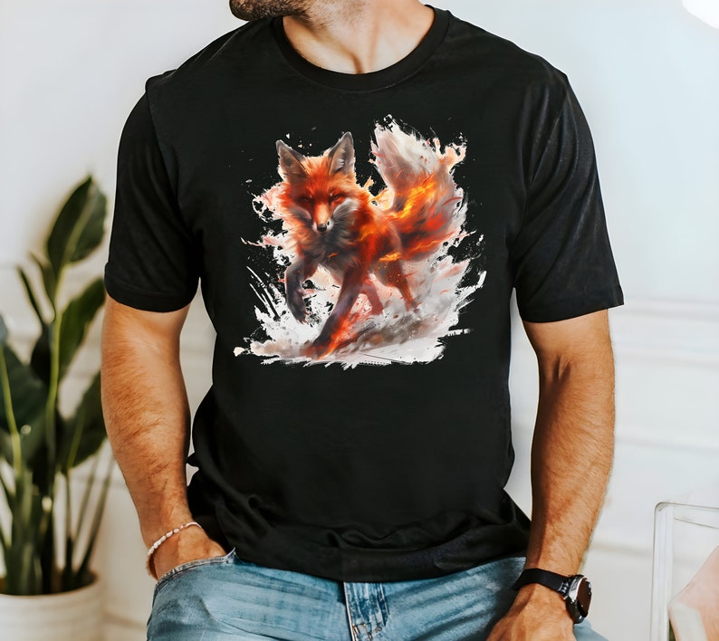 Fiery Fox T-shirt, Fox Shirt, Animal Lover Shirt, Nature Top, Gift For Her, Gift For Him, Flame, Fantasy Shirt, Epic Top, Unisex T-shirt zdjęcie 5