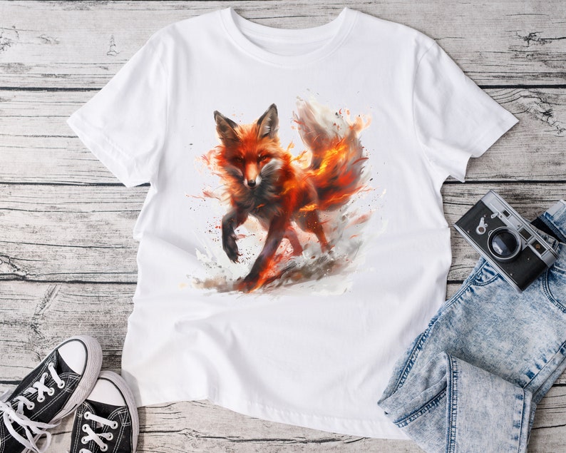 Fiery Fox T-shirt, Fox Shirt, Animal Lover Shirt, Nature Top, Gift For Her, Gift For Him, Flame, Fantasy Shirt, Epic Top, Unisex T-shirt zdjęcie 1
