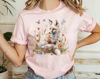 Floral Fox Shirt, Flowery Fox Tshirt, Butterfly Tee, Nature Top, Soft Fitted Shirt, Shirt for Women, Animal Lover Shirt, Gift For Her