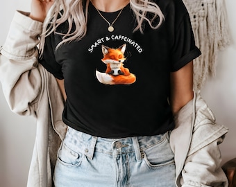 Smart & Caffeinated, Coffee Fox T-shirt, Fox Shirt, Animal Lover Shirt, Nature Top, Gift For Her, Gift For Him, Coffee Shirt, Unisex T-shirt