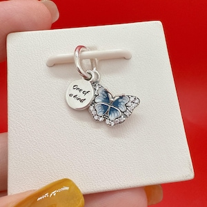 Blue Butterfly & Quote Double Dangle Charm,Pandora Charm,Charm for bracelet,Butterfly charm