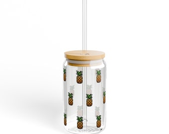Vaso de vidrio con estampado integral de PIÑA, tapa de bambú y pajita de plástico, 16 oz. Sin BPA