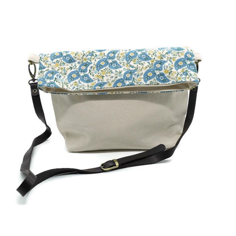 Fold Over Crossbody Fabric Bag With Leather Straps in Cream Etsy
